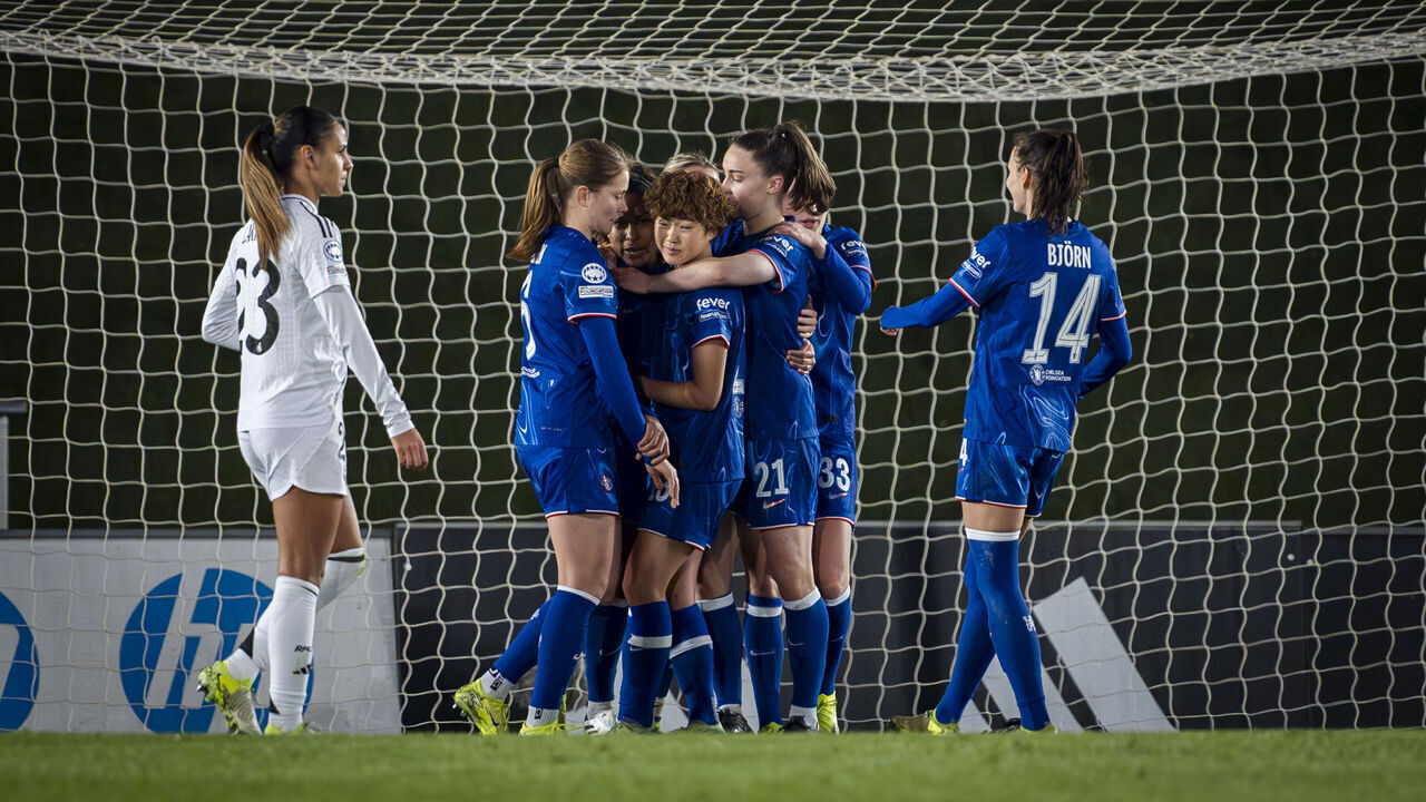 MADRID, SPAIN - DECEMBER 17: (L to R) Sjoeke Nusken, Maika Hamano, Niamh Charles, Aggie Beever-Jones, Nathalie Bjorn of Chelsea FC celebrate a goal during the UEFA Women's Champions League MD6 match between Real Madrid CF and Chelsea FC at Estadio Alfredo Di Stefano on December 17, 2024 in Madrid, Spain.