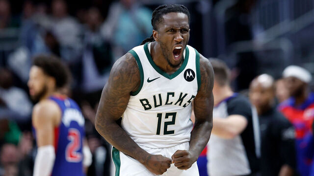 MILWAUKEE, WISCONSIN - NOVEMBER 13: Taurean Prince #12 of the Milwaukee Bucks reacts after hitting a three-point basket during the second half against the Detroit Pistons at Fiserv Forum on November 13, 2024 in Milwaukee, Wisconsin.