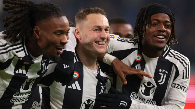 TURIN, ITALY - DECEMBER 17: Teun Koopmeiners of Juventus celebrates with team mates Kephren Thuram and Samuel Mbangula Tshifunda after scoring to give the side a 2-0 lead during the Coppa Italia Round of 16 match between Juventus FC and Cagliari Calcio at Allianz Stadium on December 17, 2024 in Turin, Italy.