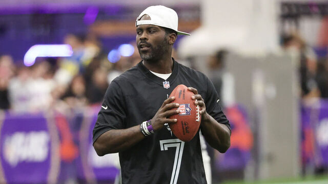 LAS VEGAS, NEVADA - FEBRUARY 09: Former NFL quarterback Michael Vick attempts a pass during a celebrity flag football game at the Mandalay Bay Convention Center on February 09, 2024 in Las Vegas, Nevada.