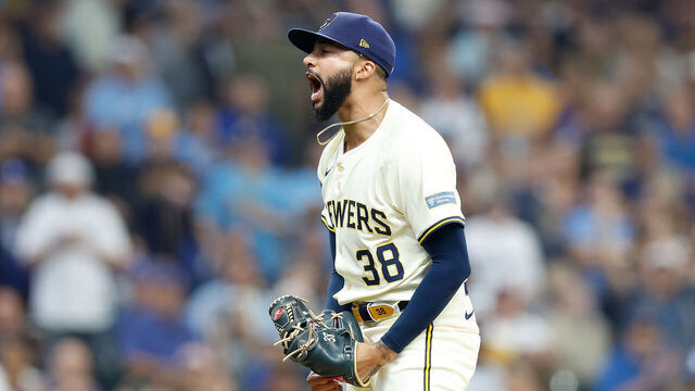 MILWAUKEE, WISCONSIN - AUGUST 15: Devin Williams #38 of the Milwaukee Brewers reacts after getting the third out in the ninth inning against the Los Angeles Dodgers at American Family Field on August 15, 2024 in Milwaukee, Wisconsin.