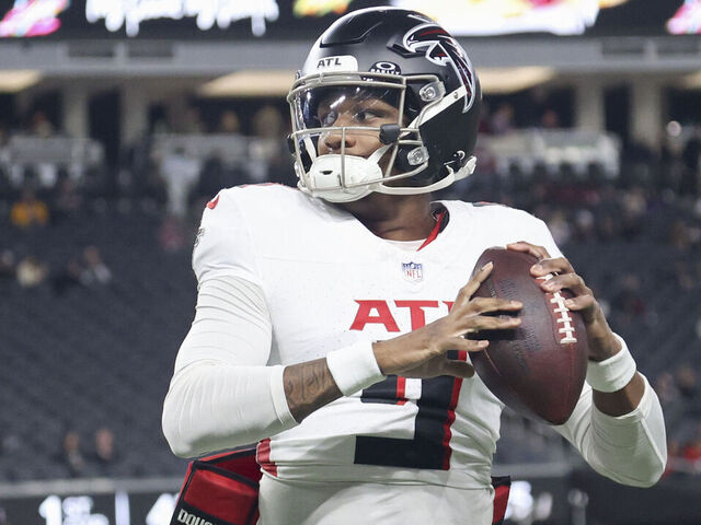 LAS VEGAS, NEVADA - DECEMBER 16: Michael Penix Jr. #9 of the Atlanta Falcons warms up prior to a game against the Las Vegas Raiders at Allegiant Stadium on December 16, 2024 in Las Vegas, Nevada.