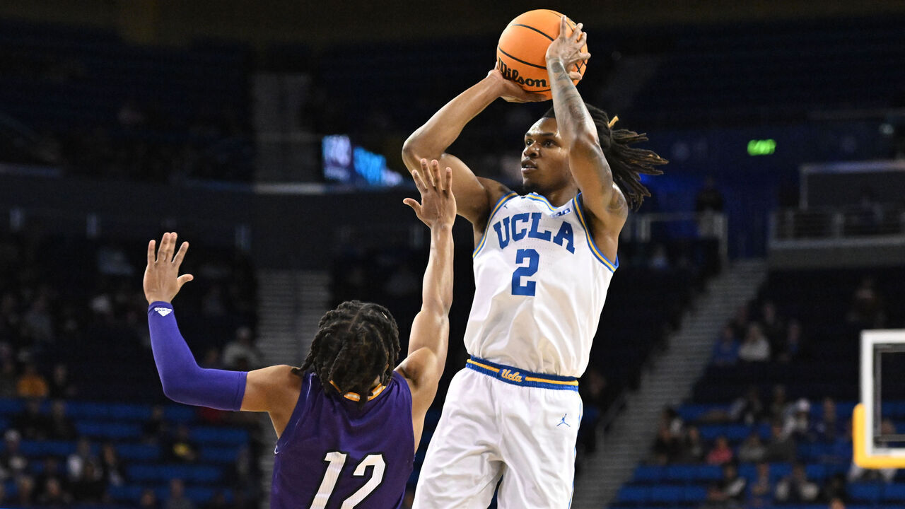 LOS ANGELES, CA - DECEMBER 17: UCLA Bruins guard Dylan Andrews (2) shoots the ball during the game between the Prairie View Panthers and the UCLA Bruins on December 17, 2024, at Pauley Pavilion in Los Angeles, CA.