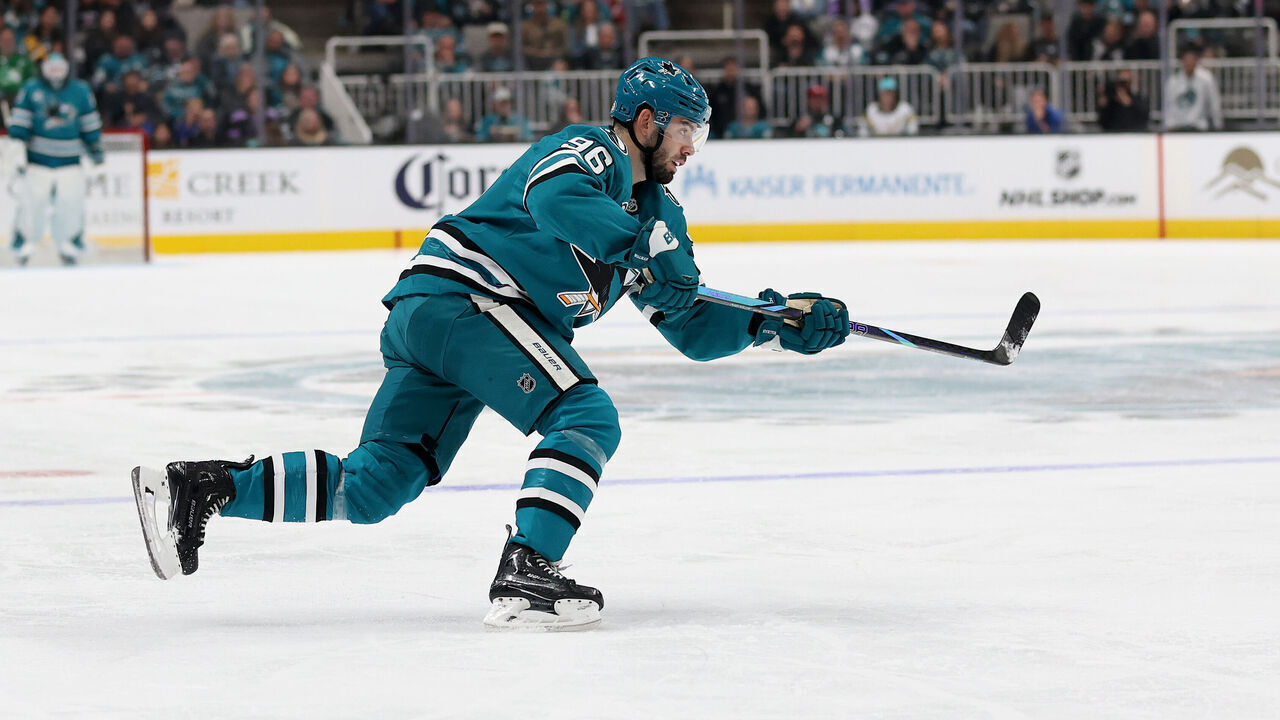 SAN JOSE, CALIFORNIA - NOVEMBER 23: Jake Walman #96 of the San Jose Sharks in action against the Buffalo Sabres at SAP Center on November 23, 2024 in San Jose, California.
