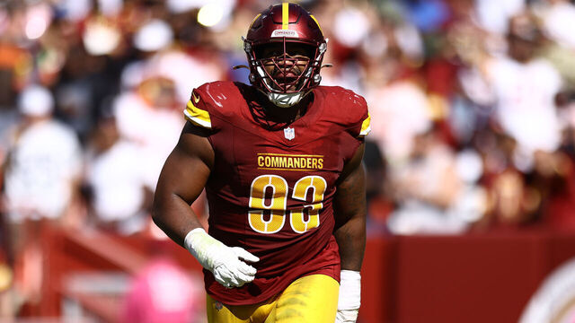 LANDOVER, MARYLAND - OCTOBER 06: Jonathan Allen #93 of the Washington Commanders reacts against the Cleveland Browns at Northwest Stadium on October 06, 2024 in Landover, Maryland.