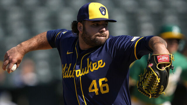 OAKLAND, CALIFORNIA - AUGUST 24: Bryse Wilson #46 of the Milwaukee Brewers pitches against the Oakland Athletics in the bottom of the ninth inning at the Oakland Coliseum on August 23, 2024 in Oakland, California.