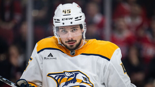 MONTREAL, QC - DECEMBER 05: Alexandre Carrier (45) of the Nashville Predators looks on during the first period of the NHL game between the Nashville Predators and the Montreal Canadiens on Dec 05 2024, at the Bell Centre in Montreal, QC
