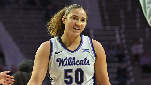 MANHATTAN, KS - DECEMBER 01: Ayoka Lee #50 of the Kansas State Wildcats celebrates with teammate Imani Lester #32 after scoring a basket in the second half against the Central Arkansas Bears at Bramlage Coliseum on December 1, 2024 in Manhattan, Kansas.