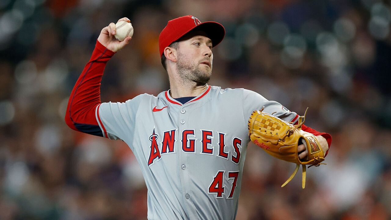 HOUSTON, TEXAS - SEPTEMBER 22: Griffin Canning #47 of the Los Angeles Angels pitches in the first inning against the Houston Astros at Minute Maid Park on September 22, 2024 in Houston, Texas.