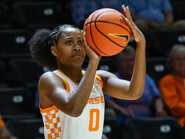 KNOXVILLE, TN - NOVEMBER 07: Tennessee Lady Vols guard Jewel Spear (0) takes a shot during the college women's basketball game between the Tennessee Lady Vols and the UT Martin Skyhawks on November 7, 2024, at Food City Center in Knoxville, TN.