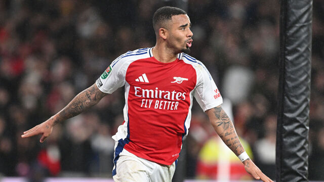 LONDON, ENGLAND - DECEMBER 18: Gabriel Jesus of Arsenal celebrates scoring his team's second goal during the Carabao Cup Quarter Final match between Arsenal and Crystal Palace at Emirates Stadium on December 18, 2024 in London, England.