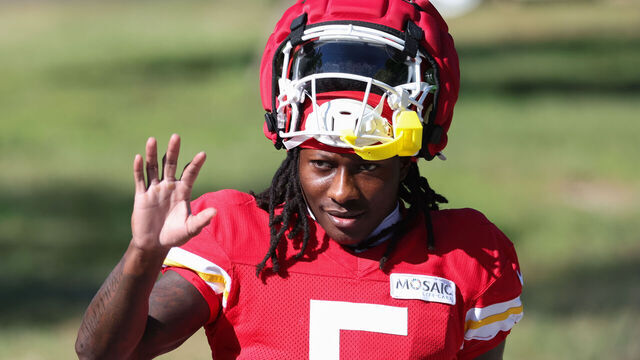 ST. JOSEPH, MO - AUGUST 02: Kansas City Chiefs wide receiver Marquise Brown (5) waves to fans during training camp on August 2, 2024 at Missouri Western State University in St. Joseph, MO.