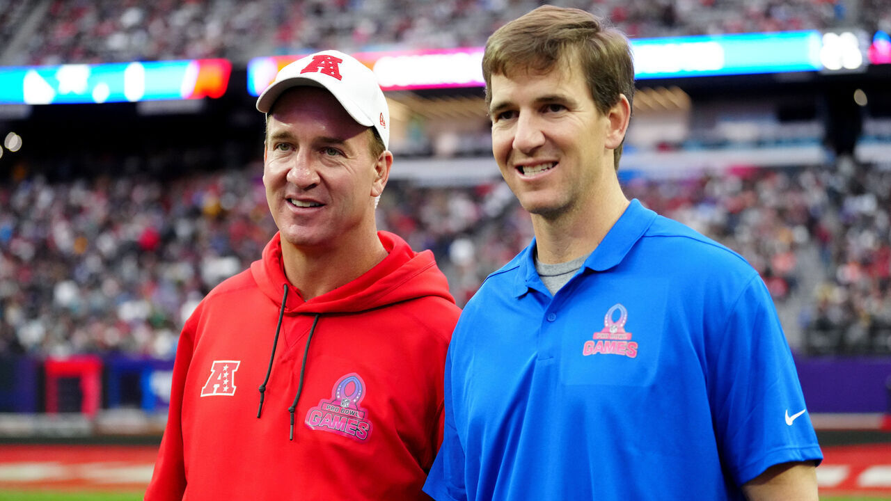 LAS VEGAS, NEVADA - FEBRUARY 05: AFC head coach Peyton Manning and NFC head coach Eli Manning are seen during the 2023 NFL Pro Bowl Games at Allegiant Stadium on February 05, 2023 in Las Vegas, Nevada.