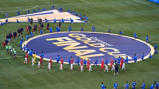 CHICAGO, IL - JULY 07: A detail view of the CONCACAF Gold Cup logo is seen as the starting XI from Mexico and the United States take the field prior to the CONCACAF Gold Cup final match between the United States and Mexico on July 07, 2019, at Soldier Field in Chicago, IL.
