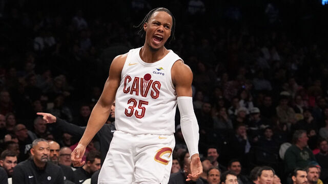 BROOKLYN, NY - DECEMBER 16: Isaac Okoro #35 of the Cleveland Cavaliers celebrates during the game against the Brooklyn Nets on December 16, 2024 at Barclays Center in Brooklyn, New York. Mandatory Copyright Notice: Copyright 2024 NBAE