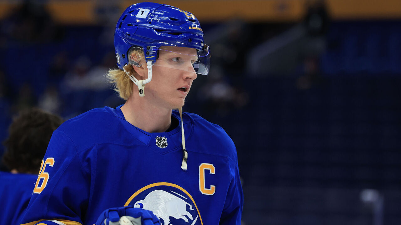 BUFFALO, NEW YORK - DECEMBER 3: Rasmus Dahlin #26 of the Buffalo Sabres skates in warm-ups prior to the game against against the Colorado Avalanche on December 3, 2024 at KeyBank Center in Buffalo, New York.