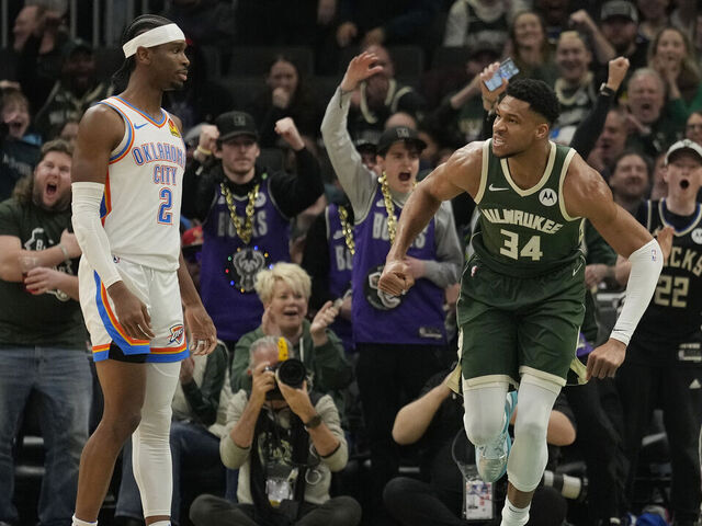 MILWAUKEE, WISCONSIN - MARCH 24: Giannis Antetokounmpo #34 of the Milwaukee Bucks celebrates during the first half against the Oklahoma City Thunder at Fiserv Forum on March 24, 2024 in Milwaukee, Wisconsin.