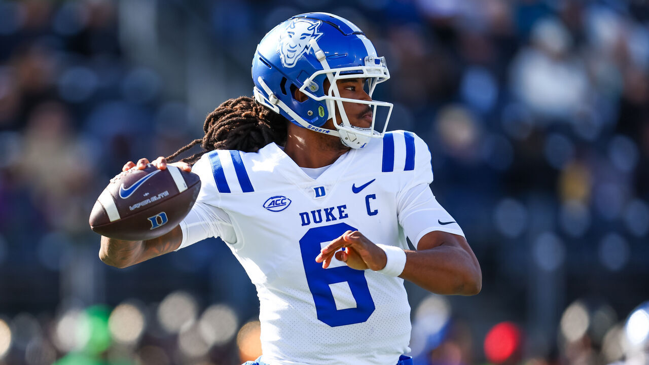 WINSTON-SALEM, NORTH CAROLINA - NOVEMBER 30: Maalik Murphy #6 of the Duke Blue Devils looks to pass the ball during the first half of a football game against the Wake Forest Demon Deacons at Allegacy Federal Credit Union Stadium on November 30, 2024 in Winston-Salem, North Carolina.