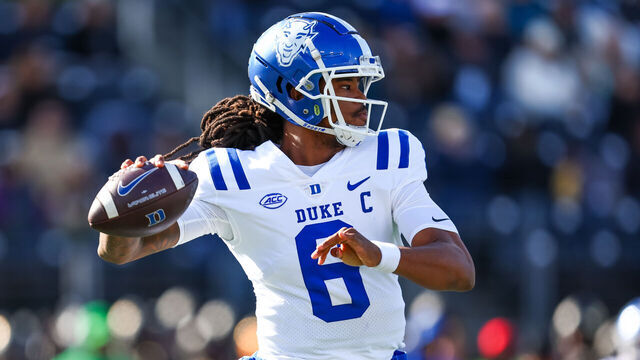 WINSTON-SALEM, NORTH CAROLINA - NOVEMBER 30: Maalik Murphy #6 of the Duke Blue Devils looks to pass the ball during the first half of a football game against the Wake Forest Demon Deacons at Allegacy Federal Credit Union Stadium on November 30, 2024 in Winston-Salem, North Carolina.