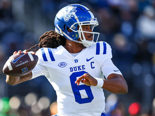 WINSTON-SALEM, NORTH CAROLINA - NOVEMBER 30: Maalik Murphy #6 of the Duke Blue Devils looks to pass the ball during the first half of a football game against the Wake Forest Demon Deacons at Allegacy Federal Credit Union Stadium on November 30, 2024 in Winston-Salem, North Carolina.