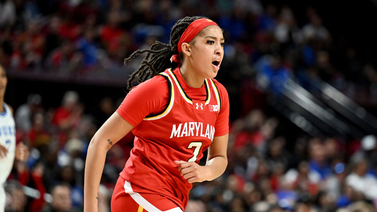 COLLEGE PARK, MARYLAND - NOVEMBER 10: Kaylene Smikle #2 of the Maryland Terrapins celebrates during the game against the Duke Blue Devils at Xfinity Center on November 10, 2024 in College Park, Maryland.