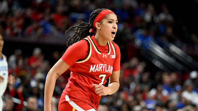 COLLEGE PARK, MARYLAND - NOVEMBER 10: Kaylene Smikle #2 of the Maryland Terrapins celebrates during the game against the Duke Blue Devils at Xfinity Center on November 10, 2024 in College Park, Maryland.