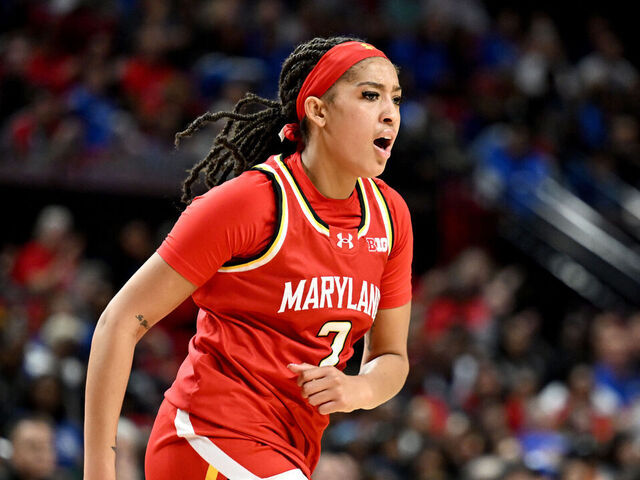 COLLEGE PARK, MARYLAND - NOVEMBER 10: Kaylene Smikle #2 of the Maryland Terrapins celebrates during the game against the Duke Blue Devils at Xfinity Center on November 10, 2024 in College Park, Maryland.