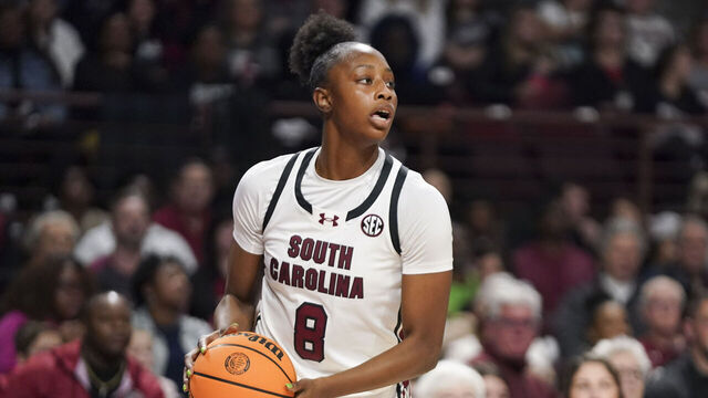 COLUMBIA, SOUTH CAROLINA - DECEMBER 15: Joyce Edwards #8 of the South Carolina Gamecocks survey the defense during the second quarter of an NCAA women's basketball game against South Florida Bulls at Colonial Life Arena on December 15, 2024 in Columbia, South Carolina. The South Carolina Gamecocks won 78-62.