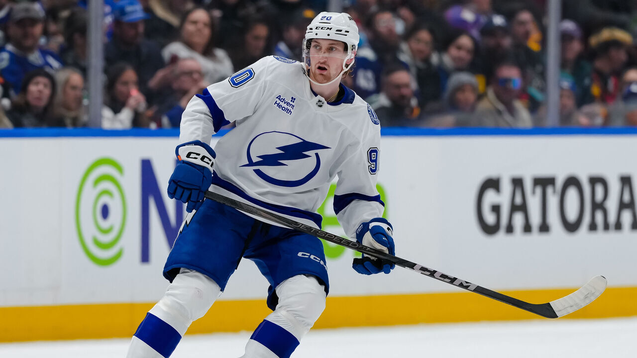 VANCOUVER, CANADA - DECEMBER 8: J.J. Moser #90 of the Tampa Bay Lightning skates during the second period of their NHL game against the Vancouver Canucks at Rogers Arena on December 8, 2024 in Vancouver, British Columbia, Canada.