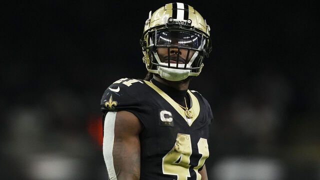 NEW ORLEANS, LA - DECEMBER 01: Alvin Kamara #41 of the New Orleans Saints looks on from the field during an NFL football game against the Los Angeles Rams at Caesars Superdome on December 1, 2024 in New Orleans, Louisiana.