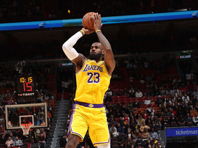 MIAMI, FL - DECEMBER 4: LeBron James #23 of the Los Angeles Lakers shoots the ball during the game against the Miami Heat on December 4, 2024 at Kaseya Center in Miami, Florida. Mandatory Copyright Notice: Copyright 2024 NBAE