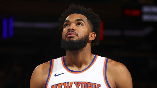 NEW YORK, NY - OCTOBER 13: Karl-Anthony Towns #32 of the New York Knicks looks on before shooting a free throw during the game on October 13, 2024 at Madison Square Garden in New York City, New York. Mandatory Copyright Notice: Copyright 2024 NBAE