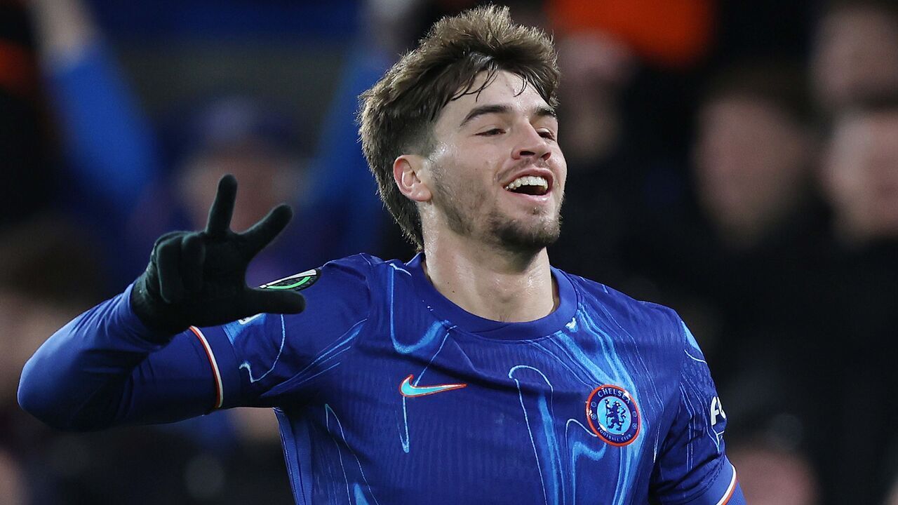 LONDON, ENGLAND - DECEMBER 19: Marc Guiu of Chelsea goal celebration after scoring to complete his hat trick during the UEFA Conference League 2024/25 League Phase MD6 match between Chelsea FC and Shamrock Rovers at Stamford Bridge on December 19, 2024 in London, England. .