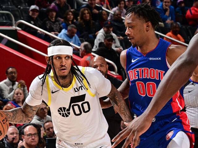 DETROIT, MI - DECEMBER 19: Jordan Clarkson #00 of the Utah Jazz drives to the basket during the game against the Detroit Pistons on December 19, 2024 at Little Caesars Arena in Detroit, Michigan. NOTE TO USER: User expressly acknowledges and agrees that, by downloading and/or using this photograph, User is consenting to the terms and conditions of the Getty Images License Agreement. Mandatory Copyright Notice: Copyright 2024 NBAE