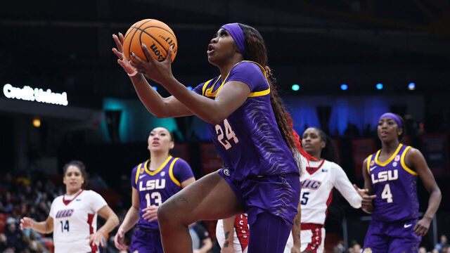 CHICAGO, ILLINOIS - DECEMBER 19: Aneesah Morrow #24 of the LSU Lady Tigers lays the ball up during the third quarter against the UIC Flames at Credit Union 1 Arena on December 19, 2024 in Chicago, Illinois.