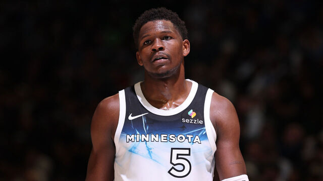 MINNEAPOLIS, MN - DECEMBER 19: Anthony Edwards #5 of the Minnesota Timberwolves looks on during the game against the New York Knicks on December 19, 2024 at Target Center in Minneapolis, Minnesota. Mandatory Copyright Notice: Copyright 2024 NBAE