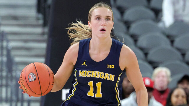LAS VEGAS, NEVADA - NOVEMBER 04: Greta Kampschroeder #11 of the Michigan Wolverines brings the ball up the court against the South Carolina Gamecocks in the first quarter of their game during the Naismith Basketball Hall of Fame Series at T-Mobile Arena on November 04, 2024 in Las Vegas, Nevada. The Gamecocks defeated the Wolverines 68-62.