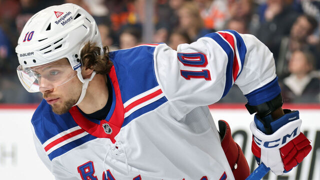 PHILADELPHIA, PENNSYLVANIA - NOVEMBER 29: Artemi Panarin #10 of the New York Rangers looks on against the Philadelphia Flyers at the Wells Fargo Center on November 29, 2024 in Philadelphia, Pennsylvania.