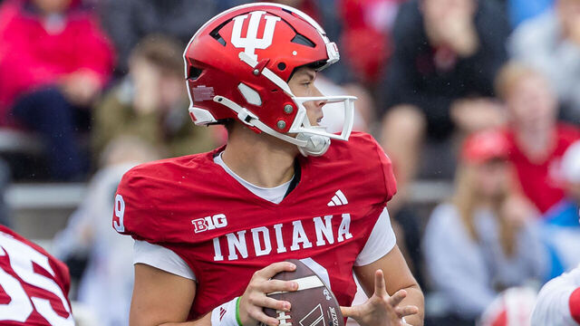 BLOOMINGTON, INDIANA - SEPTEMBER 28: Kurtis Rourke #9 of the Indiana Hoosiers drops back to throw during the game against the Maryland Terrapins at Memorial Stadium on September 28, 2024 in Bloomington, Indiana.