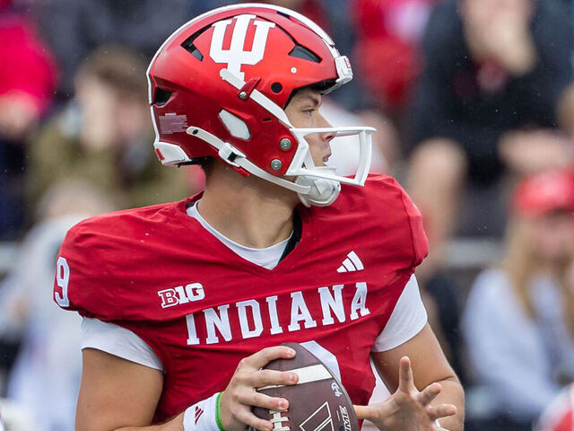 BLOOMINGTON, INDIANA - SEPTEMBER 28: Kurtis Rourke #9 of the Indiana Hoosiers drops back to throw during the game against the Maryland Terrapins at Memorial Stadium on September 28, 2024 in Bloomington, Indiana.