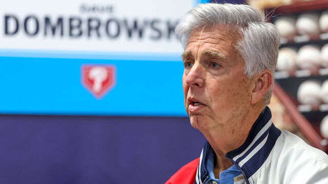 TAMPA, FL - FEBRUARY 15: General manager Dave Dombrowski of the Philadelphia Phillies speaks with a media member during the 2024 Grapefruit League Spring Training Media Day at George M. Steinbrenner Field on Thursday, February 15, 2024 in Tampa, Florida.
