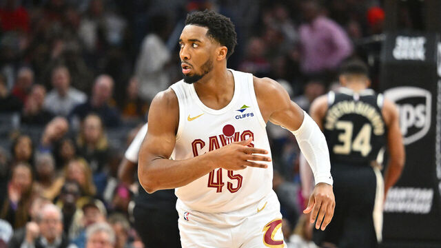 CLEVELAND, OHIO - DECEMBER 20: Donovan Mitchell #45 of the Cleveland Cavaliers celebrates during the second quarter against the Milwaukee Bucks at Rocket Mortgage Fieldhouse on December 20, 2024 in Cleveland, Ohio.