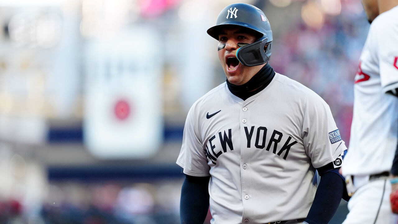 CLEVELAND, OH - OCTOBER 17: Jose Trevino #39 of the New York Yankees reacts to hitting an RBI single in the second inning during Game 3 of the ALCS presented by loanDepot between the New York Yankees and the Cleveland Guardians at Progressive Field on Thursday, October 17, 2024 in Cleveland, Ohio.