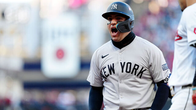 CLEVELAND, OH - OCTOBER 17: Jose Trevino #39 of the New York Yankees reacts to hitting an RBI single in the second inning during Game 3 of the ALCS presented by loanDepot between the New York Yankees and the Cleveland Guardians at Progressive Field on Thursday, October 17, 2024 in Cleveland, Ohio.