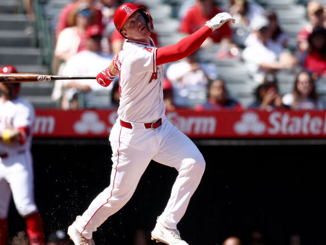 ANAHEIM, CALIFORNIA - SEPTEMBER 29: Eric Wagaman #34 of the Los Angeles Angels at bat during the third inning against the Texas Rangers at Angel Stadium of Anaheim on September 29, 2024 in Anaheim, California.