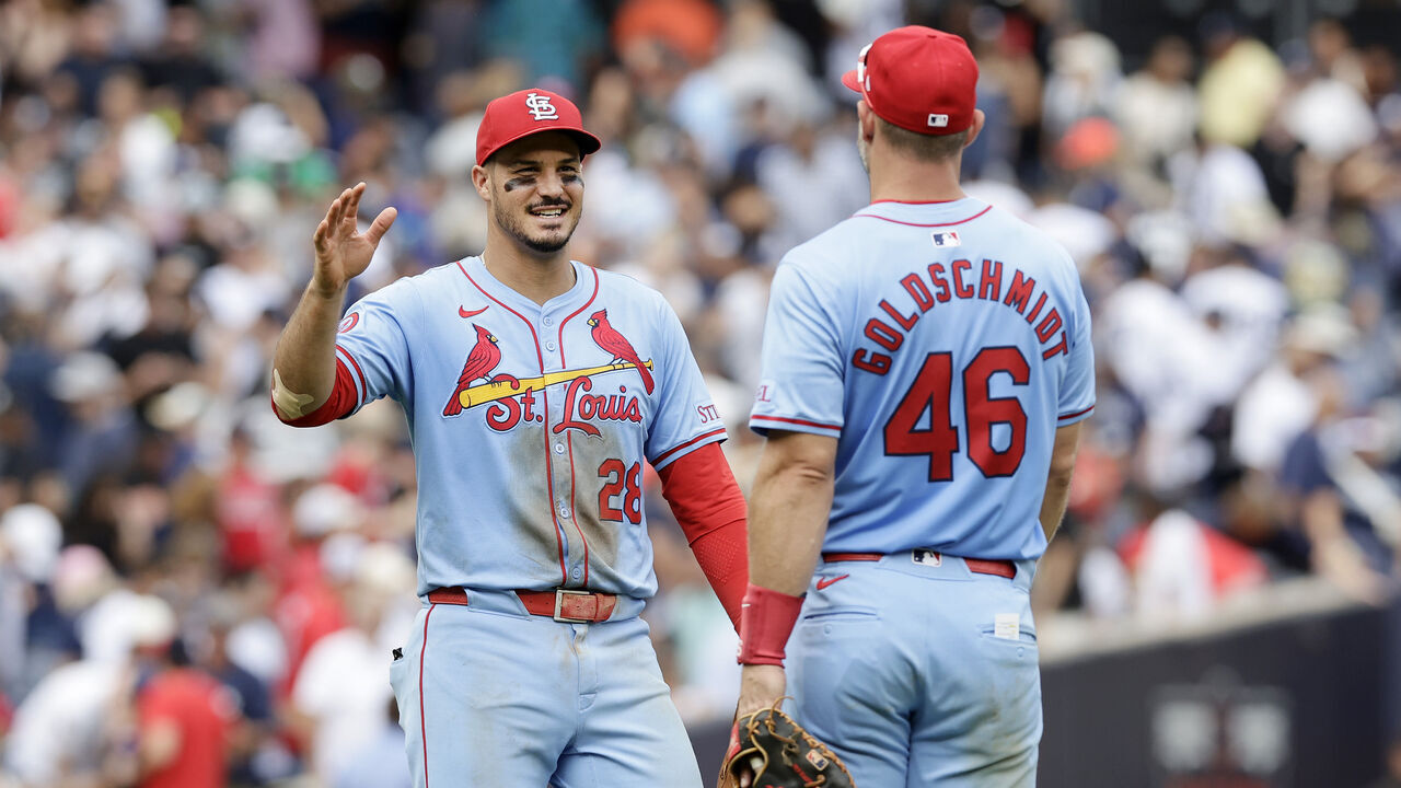 NEW YORK, NEW YORK - AUGUST 31: Nolan Arenado #28 and Paul Goldschmidt #46 of the St. Louis Cardinals celebrate after defeating the New York Yankees at Yankee Stadium on August 31, 2024 in New York City.