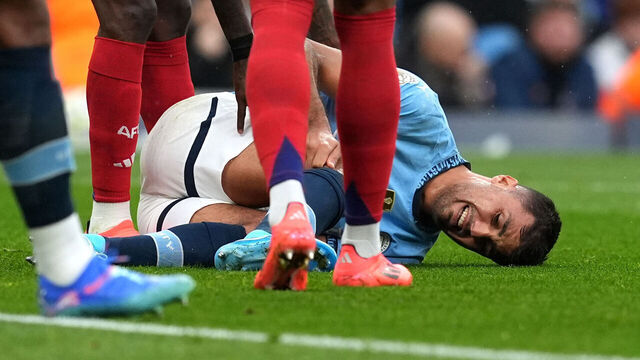 Manchester City's Rodri appears injured before being substituted during the Premier League match at the Etihad Stadium, Manchester. Manchester City have revealed Rodri has suffered ligament damage to his right knee, although the full extent of the injury remains unclear. Picture date: Sunday September 22, 2024.