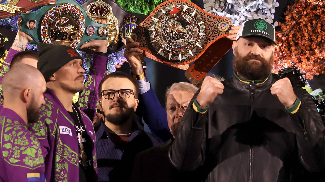 RIYADH, SAUDI ARABIA - DECEMBER 20: Oleksandr Usyk and Tyson Fury 2 pose for a photo during the weigh-in as part of Oleksandr Usyk v Tyson Fury 2 at on December 20, 2024 in Riyadh, .