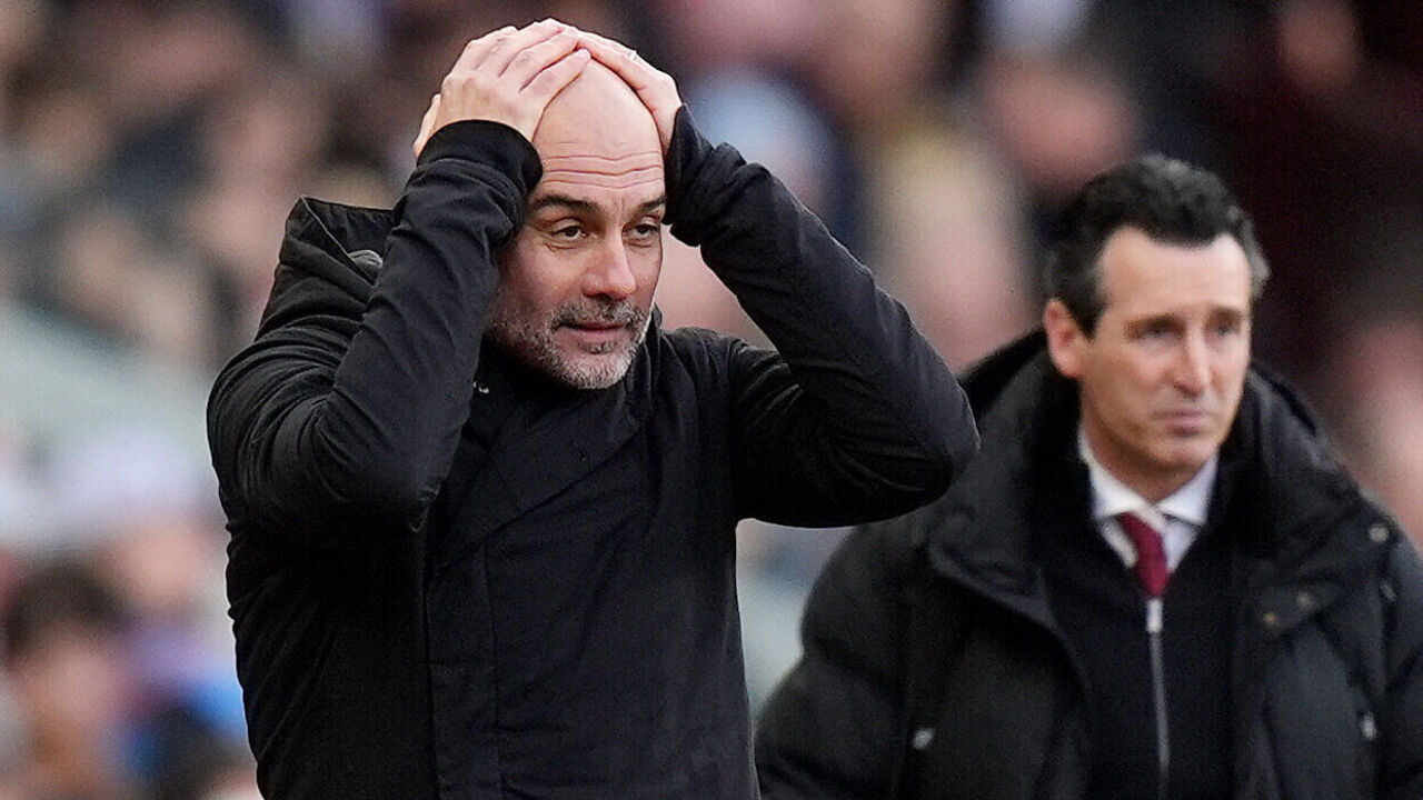 Manchester City manager Pep Guardiola (left) reacts on the touchline during the Premier League match at Villa Park, Birmingham. Picture date: Saturday December 21, 2024.