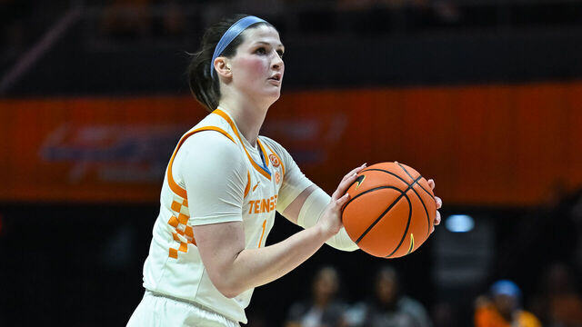 KNOXVILLE, TN - DECEMBER 14: Tennessee Lady Vols guard Sara Puckett (1) sets up for three point shot during a women's college basketball game between the Tennessee Lady Vols and the North Carolina Central Eagles on December 14, 2024, at Food City Center in Knoxville, TN.